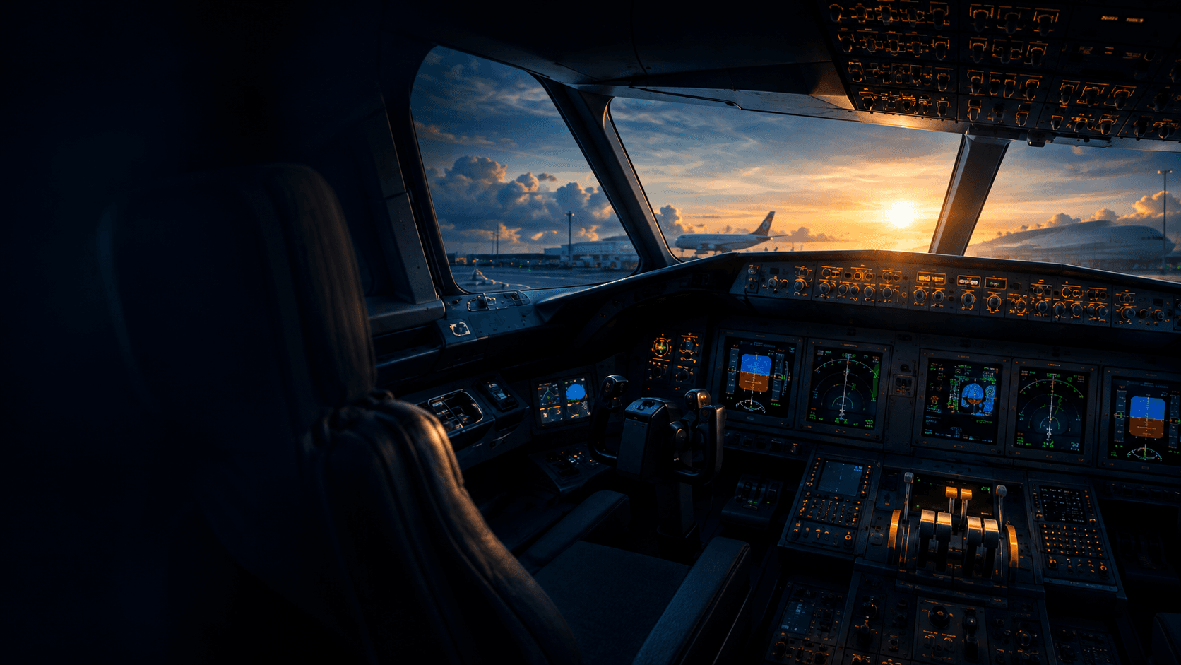 Commercial pilot cockpit sunset training